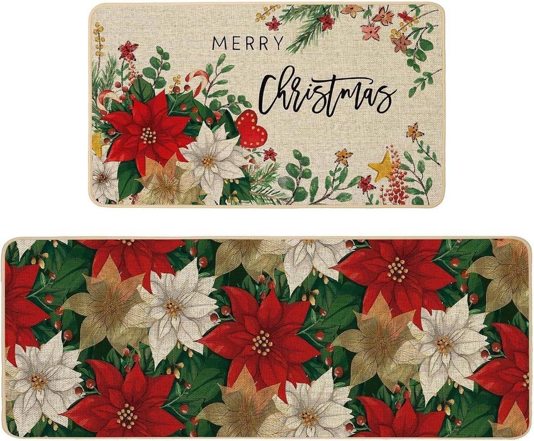 Baccessor Poinsettia Christmas Kitchen Rugs Set of 2, Holly Kitchen Mats for Floor Non Slip Winter Holiday Farmhouse Christmas Decoration 17x29 and 17x47 Inch (Red)