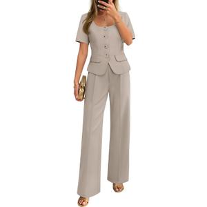 ZESICA Women's Summer Two Pieces Suits Set 2026 Short Sleeve Blazer Wide Leg Pants Business Casual Outfits Sets (Beige, M)