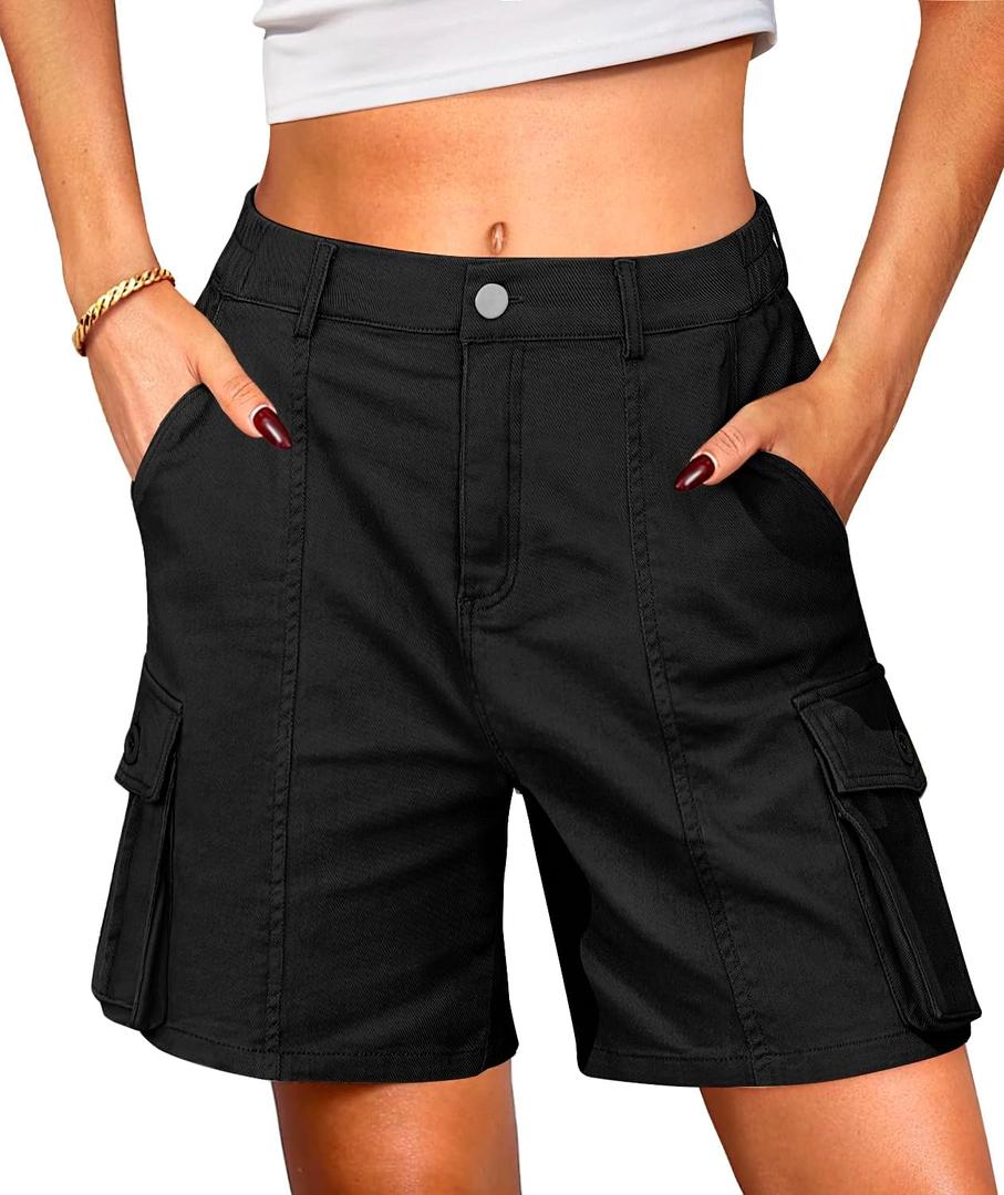 LYHIPSS Cargo Shorts Women Bermuda Knee Length Long Hiking Shorts with Pockets Elastic Waist for Summer Casual Trendy Outfits (Large, Black)