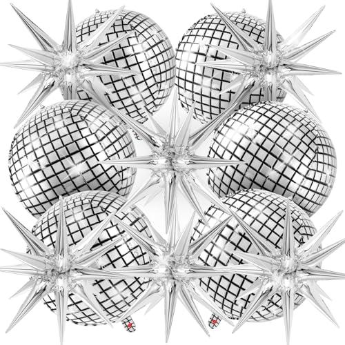 Disco Ball Balloons with Star Balloons, 22 Inch Metallic Silver Foil Balloon for Disco Party Decor Birthday Bachelorette New Year Christmas Party Decorations