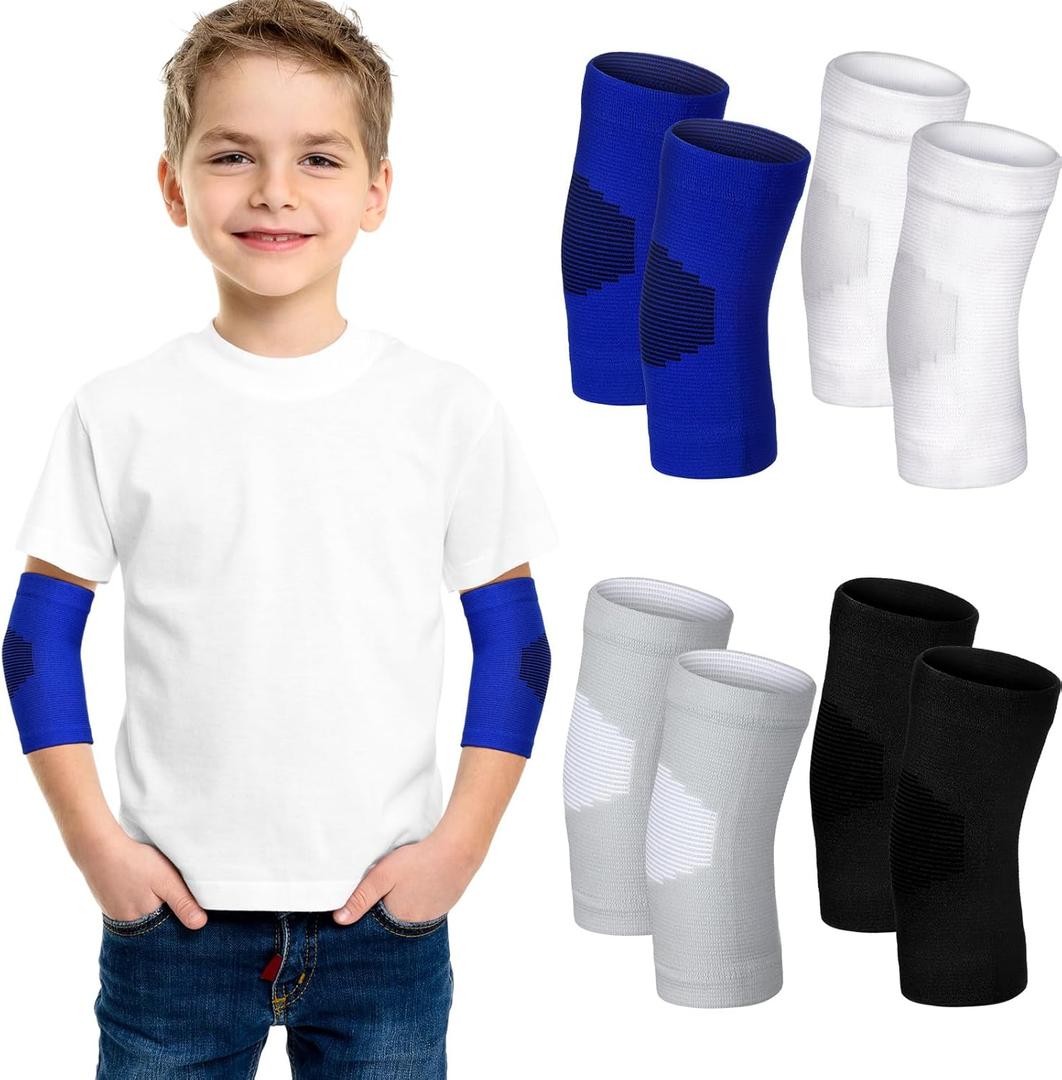 Lenwen 4 Pairs Kids Elbow Brace Compression Arm Elbow Sleeve Knit Guard Gym Protectors for Boys Teen Children Girls Basketball Volleyball Tennis Cycling (8-12 Years, Black, White, Blue, Gray)