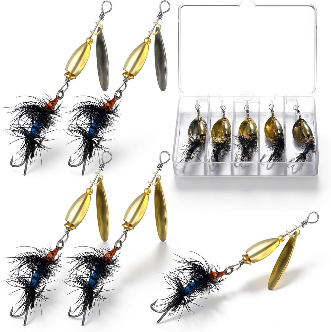 5 Pcs Trout Lures Spinner Fishing Lures with Hard Metal Brass Spinner Baits Kit in Tackle Box for Salmon Bass Walleye Crappie Pike Freshwater Saltwater Lake River