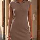 Saodimallsu Womens Summer Sleeveless Mini Dress Casual Polo Collared Button V Neck Knit Sweater Shirt Dresses (Brown)