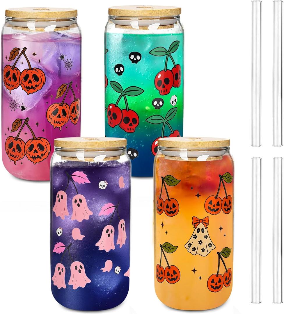 Halloween Cups 4 Pcs, 18 oz Skull Glass Cups with Lids and Straws Ghost Mug Glass Tumbler Mason Jar Iced Coffee Can, Spooky Gifts Boo Basket Stuffers Drinking Glasses Halloween Decorations