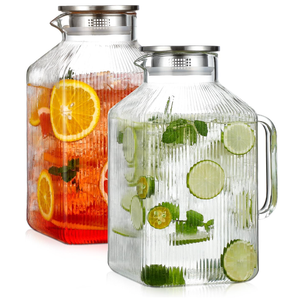 1 Gallon thickened Square Glass Pitcher with Lid, Classic Stripes Water Pitchers for Fridge, Borosilicate Glass Carafe for Hot/Cold Brew Drink, Extra Large Jug with Handle for Iced Tea, Coffee, Juice