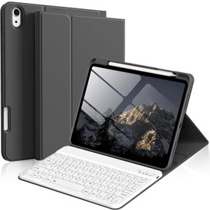 kenke for iPad 11/10th Gen Case with Keyboard 11/10.9 inch 2025 A16/2022, Detachable Wireless Bluetooth Keyboard Case with Right Side Pencil Holder, White Square Keycaps (Black