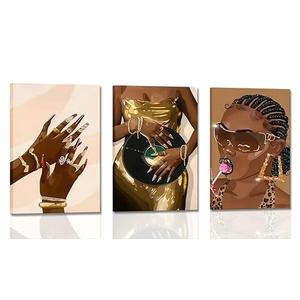 3Pcs Framed Black Girl Wall Art African American Canvas Prints Gold Nail Art Posters Vinyl Record Dress Paintings Dreadlock Lollipop Pictures Urban Chic Decor for Living Room Bedroom Home Decoration