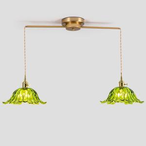 2-Lights Brass Vintage Pendant Light Fixtures, Modern Chandelier Pendant Light with Green Flower Glass Lmapshade, Adjustable Hanging Lights for Kitchen Island Dining Room Hallway, E26 (Green)