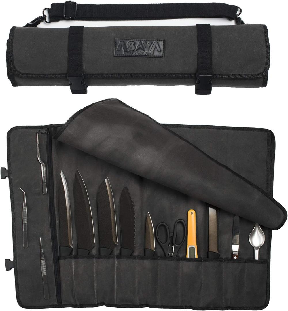 Asaya Canvas Chef Knife Roll Bag - 10 Knife Slots and a Large Zipper Pocket - Durable 10oz Canvas Knife Case with an Adjustable Shoulder Strap - Knives not Included (Grey)