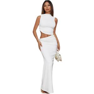 Verdusa Two Piece Sets For Women Going Out Tops and Maxi Skirt Set Vacation Wedding Guest Outfits (Medium, White)