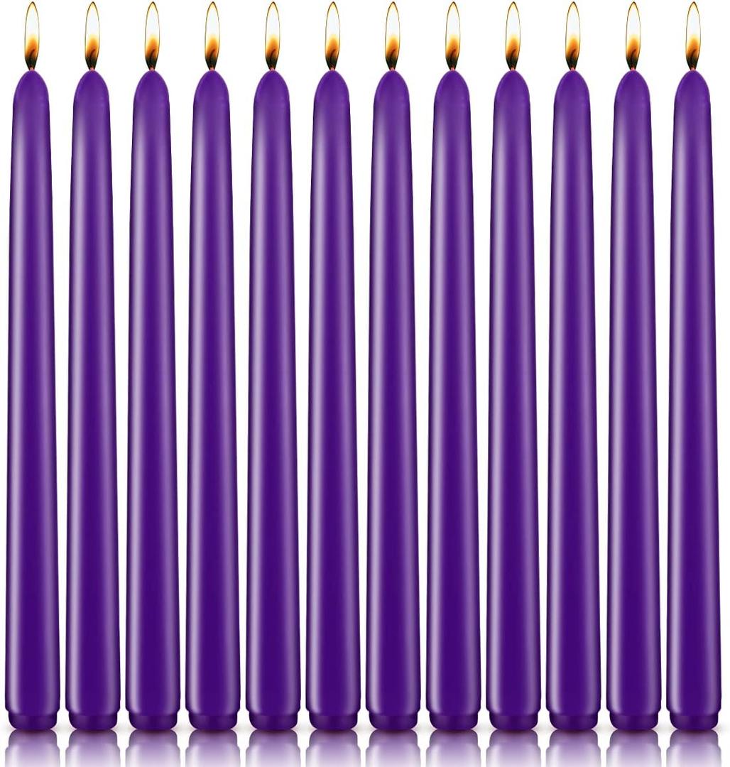 NIKY 10 inch Taper Candles Set of 12 Unscented Dripless Candlesticks 8 Hours Long Burning for Home Decoration Wedding Parties and Special Occasion Purple
