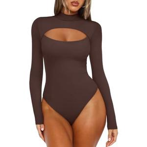 REORIA Women's Mock Neck Cutout Front Bodysuit Trendy Going Out Long Sleeve Body Suits Tops Fall Outfits 2025 S