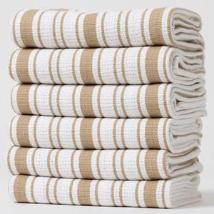 Kitchen Towels Set  Pack of 6 (20 x 30) Extra Large Premium Cotton Dish Towels for Kitchen  Basket Weave Towels  Absorbent  100% Cotton  with Hanging Loop  Beige (Pack of 6, Beige Multi Striped)