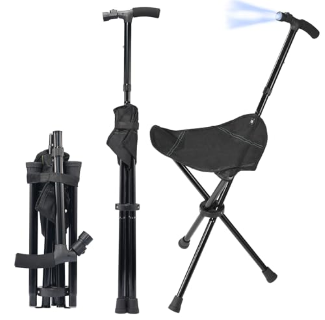 Cane with Seat Foldable Lightweight Walking Cane with LED Light Adjustable Walking Stick for Seniors