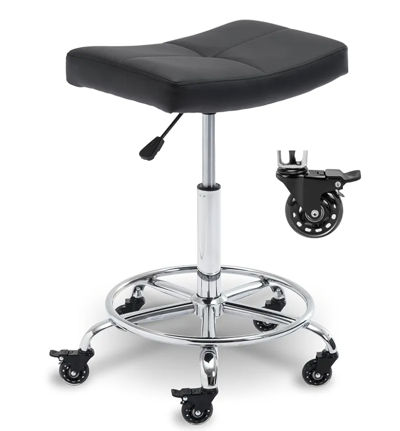 Adjustable Rolling Stools with Locking Wheels, Wide Heavy Duty Rolling Stool with Footrest for Office, Garage, Workbench, Swivel Drafting Work SPA Shop Salon Stools with Wheels (Black)