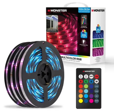 Monster Basics Indoor Multicolor RGB LED Light Strip with Remote Control, 100ft