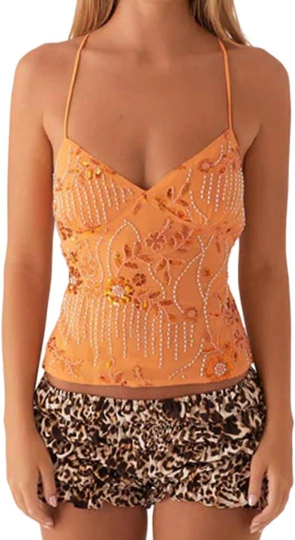 Women Y2K Sequin Rhinestone Criss Cross Straps Crop Cami Top Sexy V Neck Backless Floral Embroidery Halter Tank (Orange, M)