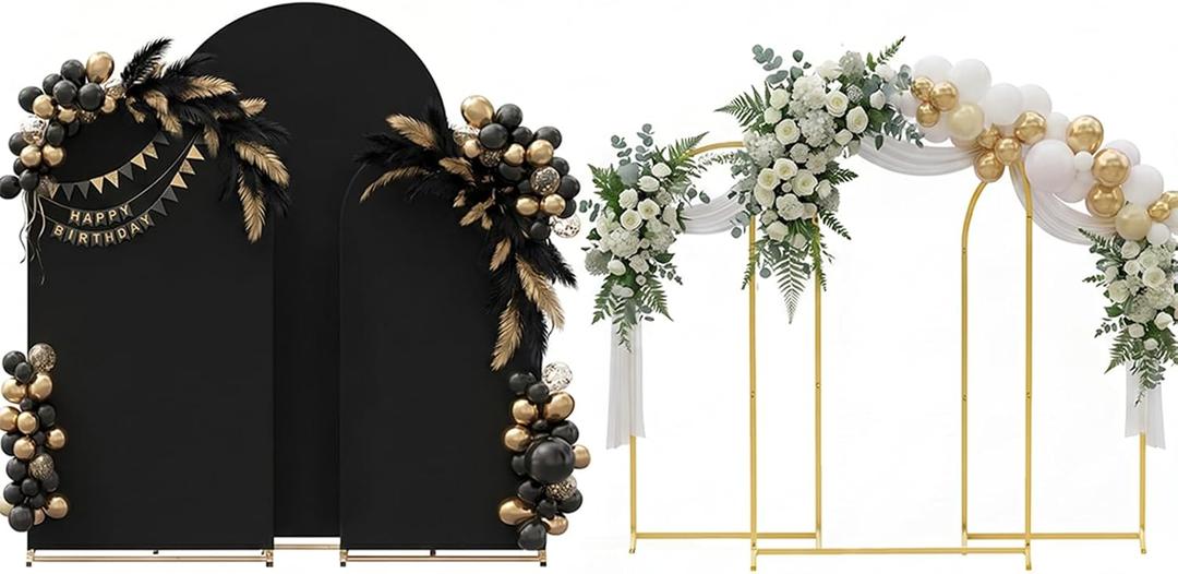 Toolterritary Set of 3 Metal Arch Backdrop Stand with Cover Set, (8FT, 7.2FT, 6.6FT Wedding Arch and Cover Set), Backdrop Arch for Party, Baby Shower, Birthday, and Graduation Ceremony