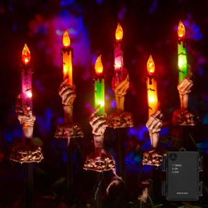 Halloween Decorations, 2 x 6 Pack Skeleton Hands Hold Lighted Candle Stakes, Waterproof Battery Operated Pathway Decor with Timer, Light Up for Tabletop Indoor Outdoor Party Lawn Yard Garden