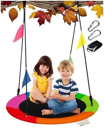 PLAYVIBE 40-Inch Saucer Swing for Kids Outdoor - Multicolor Tree Swing - 440lb Capacity - 600D Oxford Waterproof Fabric & Hanging Straps - Kids Outdoor Toys PLAYVIBE 40-Inch Saucer Swing for Kids Outdoor - Multicolor Tree Swing - 440lb Capacity - 600D Oxford Waterproof Fabric & Hanging Straps - Kids Outdoor Toys