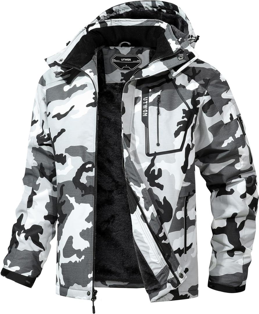 Men's Ski Jacket Winter Warm Snow Coat Waterproof Windbreaker Hooded Work Outerwear Snowboarding Jackets (Large, Black Camo)