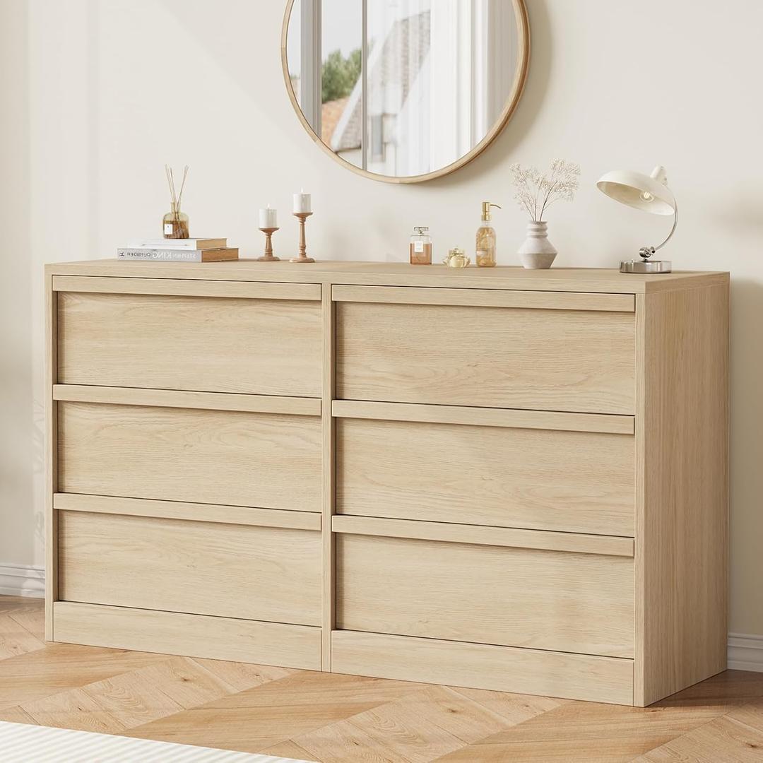 GarveeHome 6 Drawer Dresser for Bedroom, 47in Wide Natural Oak 6 Chest of Drawers with Large Storage, Wooden Dresser Organizer for Living Room, Entryway, Nursery
