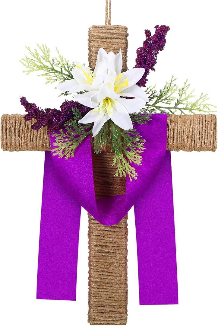 Dingion Easter Wreaths for Front Door, Easter Lent Decor He is Risen Cross Wreath Christian Hanging Signs Decor for Lent Holy Week Spring Home Farmhouse Porch Church Wall