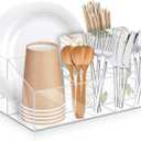 Silverware Organizer,Acrylic Utensil Holder for Party Utensil Silverware Caddy Paper Plate Holder Paper Plate Organizer for Countertop,Buffet,Picnic with 8 Compartments for Plate,Cup,Fork,Spoon