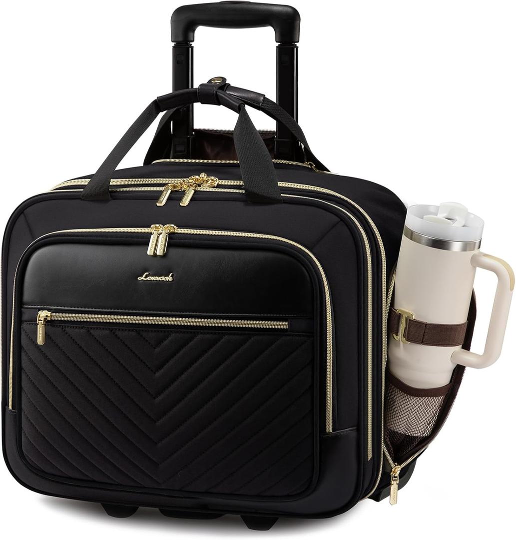 LOVEVOOK Rolling Laptop Bag Women, 17.3 Inch Laptop Briefcase with Wheels for Work Travel Business, Underseat Carry On Luggage Case,Black