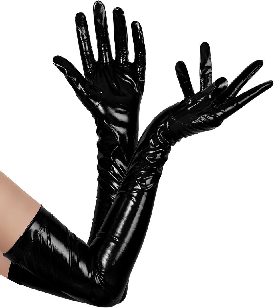 Bencailor Women Long Gloves Patent Leather Gloves for Costume Photoshoot (Small/Medium, Black)