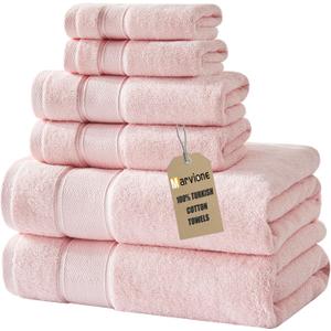 Marvione Bath Towels Set 6 Piece, 100% Turkish Cotton Highly Absorbent and Soft Towels for Bathroom 2 Bath Towels 2 Hand Towels 2 Washcloths, Pink