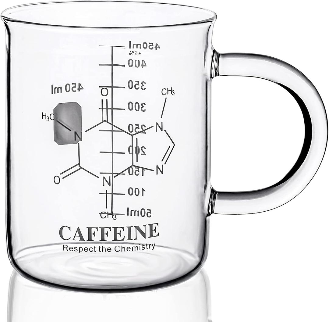 Caffeine Beaker Mug, Chemistry Coffee Mug 16 oz Borosilicate Glass, Measuring Graduated Beaker (450ml) (Clear)