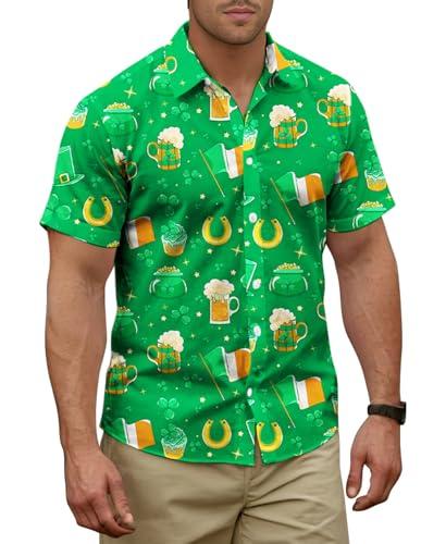 Yoimira St Patrick's Day Shirt Men Irish Clover Printed Hawaiian Shirts for Men Casual Short Sleeve Button Down ShirtClover and Beer-Green, XXL