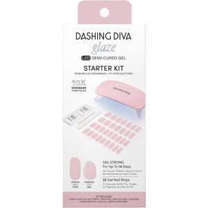 Dashing Diva Glaze Nail Starter Kit - Pale Blush - Long Lasting, Chip Resistant, Semi-Cured Gel Nail Strips - 7-Piece Manicure Set with 32 Strips and Mini LED Lamp