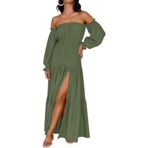 ZESICA Women's Boho Off Shoulder Wedding Guest Dress 2026 Spring Summer Side Split Flowy A Line Long Maxi Dresses (Green, M)