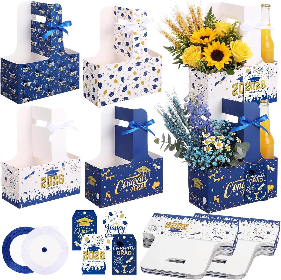 ReliThick 24 Set Class of 2026 Graduation 2 Cup Disposable Drink Carrier with Card Ribbon Coffee Cup Holder Graduation Celebration Gifts for High School College Graduate Student