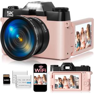 5K Digital Camera for Photography,UHD 75MP WiFi Vlogging Camera for YouTube,Compact Camera with 3" 180Flip Screen,64GB SD Card,16X Digital Zoom,2 Batteries,Perfect for Beginners and Teens,Pink