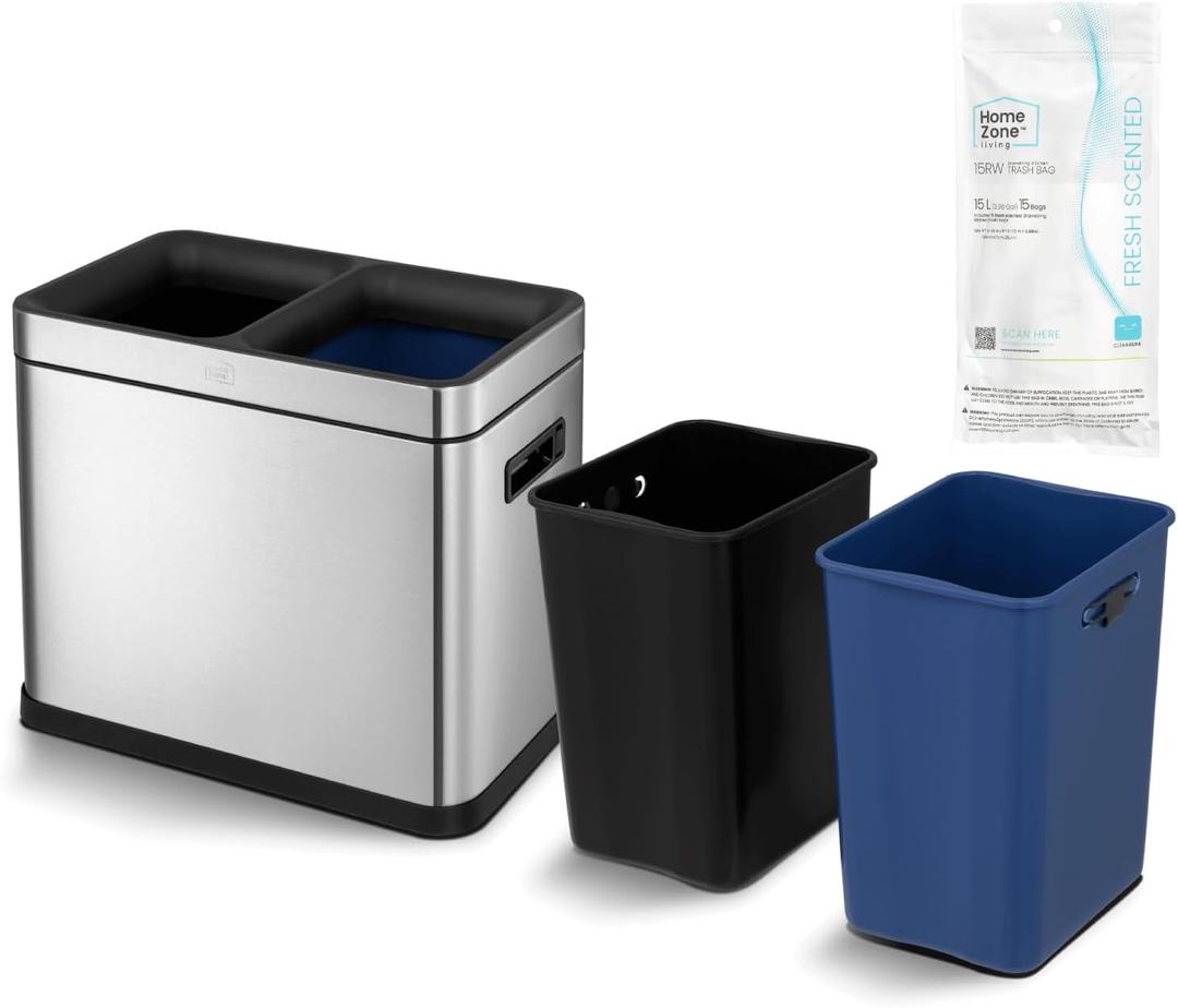 Home Zone Living 8 Gallon Slim Kitchen Trash Can with Dual Compartments for Recycling and Open Top for Commercial Use, Stainless Steel, Silver, 30 Liters Total