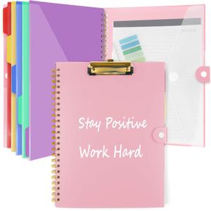 Clipboard Folio with Notepad, Multifunctional Clipboard Folder with Storage, 5 Folders with 11 Pockets, Waterproof Organizer with Refillable Notepad 40 Pages, Lightweight, Button Closure (Macron Pink) (Letter)