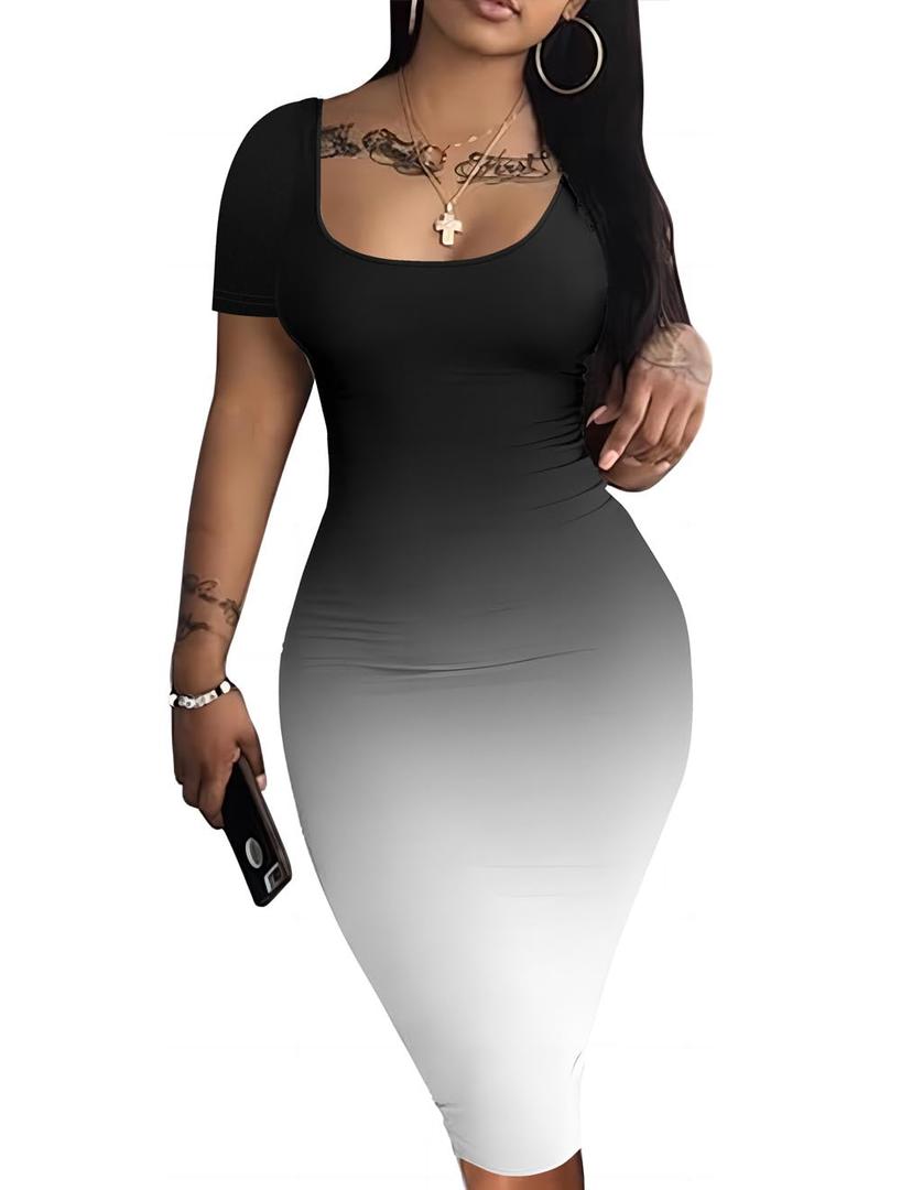 Nimsruc Summer Bodycon Dresses for Women Short Sleeve Midi Dress Blk Grad L (L)