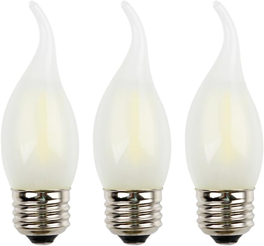 C35 4W LED Filament Bulb, Dimmable, Bright Cool White Light Color 6000K, E26 Medium Base, Frosted Glass Cover, 40W Incandescent Bulb Equivalent, Flame Tip, 3 Count