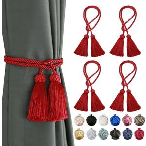 BEL AVENIR 4 Pack Curtain Handmade Tiebacks Decorative Curtain Holdbacks with Tassel (Red, 4 Pack)