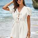 Cicy Bell Womens Cute Rompers Bow Front Puff Sleeve V Neck Short Jumpsuits Sexy Summer Outfits with Pockets (White, XXL)