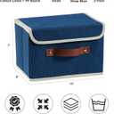 2PCS Storage Boxes with Lid Cotton Linen Fabric Storage Bins Organizer Container Decorative Collapsible Washable Shelf Closet Baskets Faux Leather Handles Home Bedroom (Deep Blue, Small)