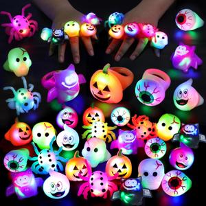 [Soft Rubber] Halloween Light Up Rings Halloween Party Favors Toys Glow in The Dark 24 Pcs 6 Design Spider Skeleton Bat Ghost Pumpkin Flash LED Finger Rings Kids Adults Goodie Bag Fillers Gifts Treats