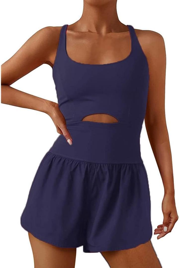 Workout Athletic Romper Running Exercise Jumpsuit Shorts Tennis Gym Outfits With Back Zipper Pocket (Navy) L