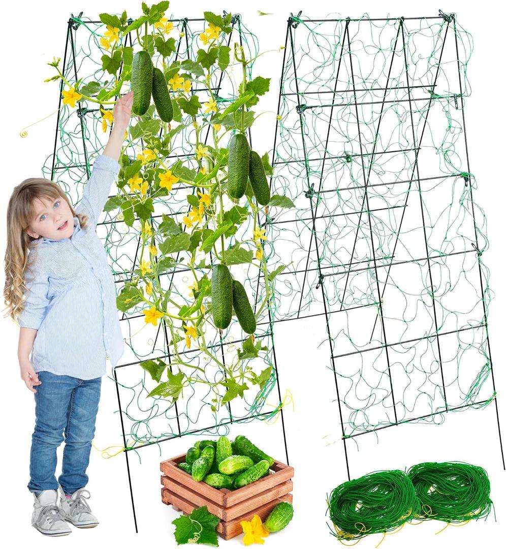 Pack 2 Heavy Metal Garden Trellis for Climbing Plants with Trellis Netting & Garden Clips, A-Frame Cucumber Trellis for Raised Bed