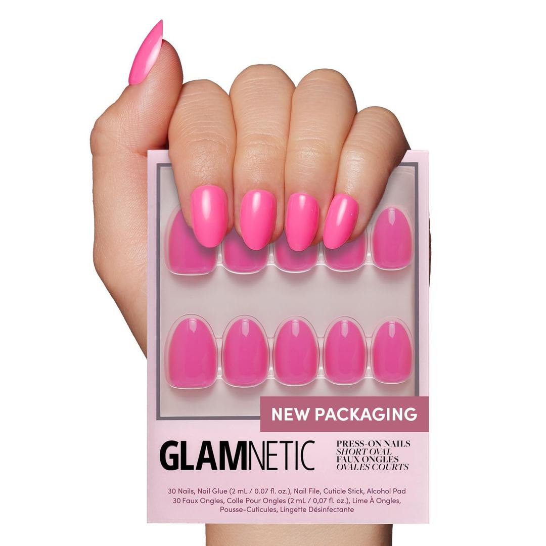 Glamnetic Press On Nails - Hot Pink | Opaque Bright Neon Pink Short Oval Fake Nails, Salon Quality | 15 Sizes - 30 Nail Kit