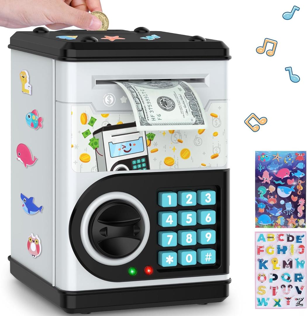 Gray Piggy Bank for Kids with Password Code Lock and Auto Grab Bill Slot, PhilaeEC Real Money Cash Coin Can Saving Box Electronic Money Safe Bank, Hot Gift for 4 7 8 9 10 11 Year Old Boys Girls (Gray)