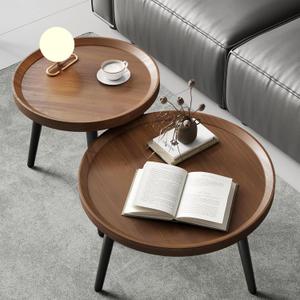 2 PCS Small Round Coffee Table Set, Mid Century Modern Coffee Tables for Living Room, Walnut Nesting Tables for Small Spaces, Easy Assembly Circle Wood Center Table,Black Nesting Coffee Table Set of 2, Medium